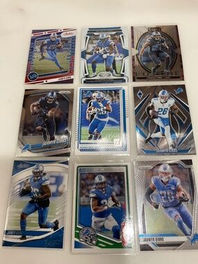 Jahmyr Gibbs 9 Card Lot. Lions.  Prizm, Certified, Select, Donruss, Score.
